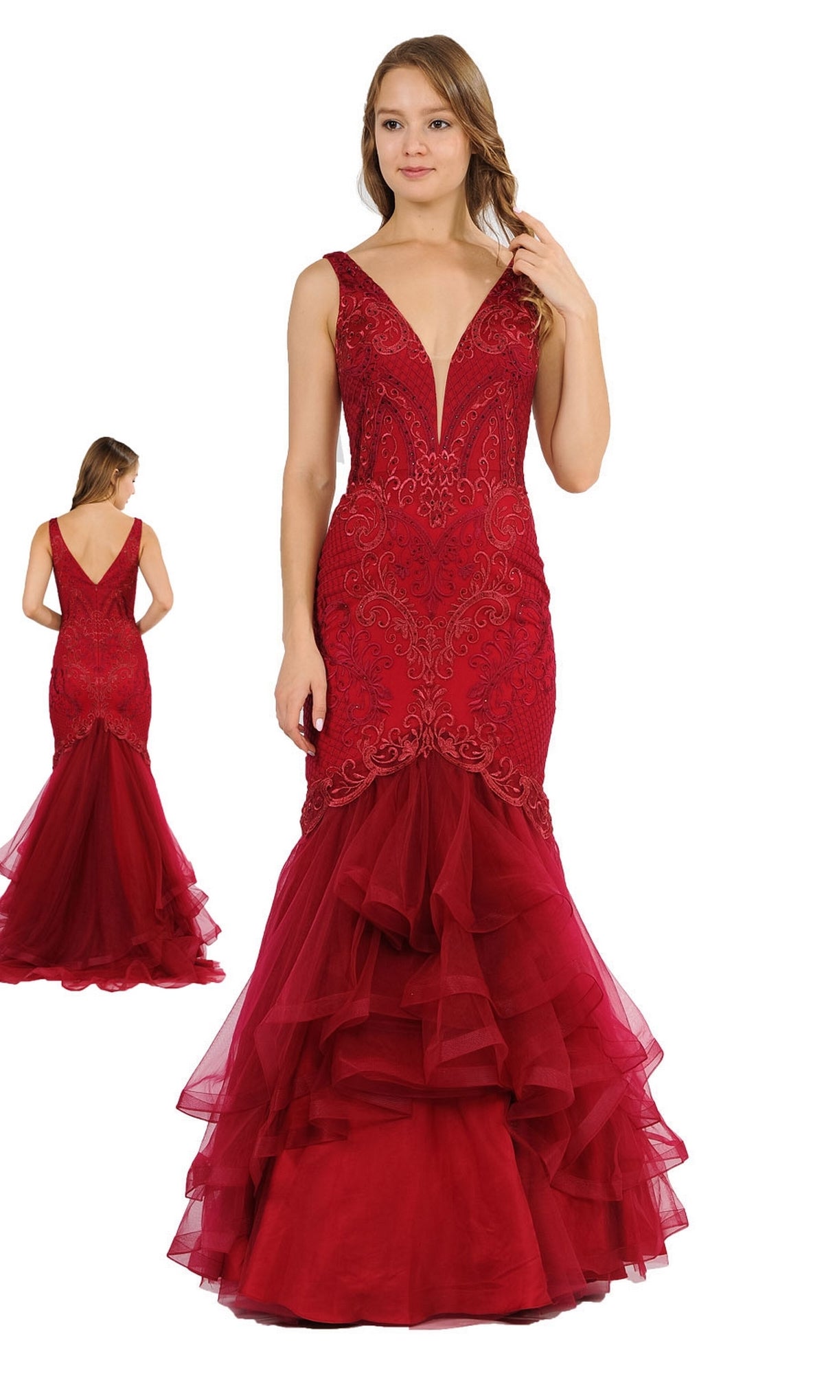 A woman models the Embroidered V-Neck Mermaid Formal Prom Dress 8320 in red, with a sleeveless deep V-neck, embroidered bodice, layered tulle skirt, and an open-back design visible from the left.